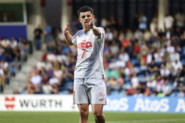 Switzerland midfielder Zeki Amdouni celebrates after scoring the team's second goal during the UEFA Euro 2024 group I qualification football match between Andorra and Switzerland in Andorra la Vella, on June 16, 2023. (Photo by Charly TRIBALLEAU / AFP) (Photo by CHARLY TRIBALLEAU/AFP via Getty Images)