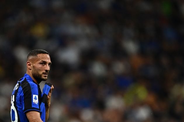 Inter defender Danilo D'Ambrosio reacts during the Italian Serie A football match between Inter and Atalanta on May 27, 2023 at the Giuseppe-Meazza (San Siro) stadium in Milan. (Photo by GABRIEL BOUYS / AFP) (Photo by GABRIEL BOUYS/AFP via Getty Images)