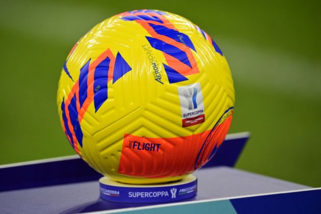 The match ball is displayed prior to the Italian Super Cup (Supercoppa italiana) football match between Inter and Juventus on January 12, 2022 at the San Siro stadium in Milan. (Photo by MIGUEL MEDINA / AFP) (Photo by MIGUEL MEDINA/AFP via Getty Images)