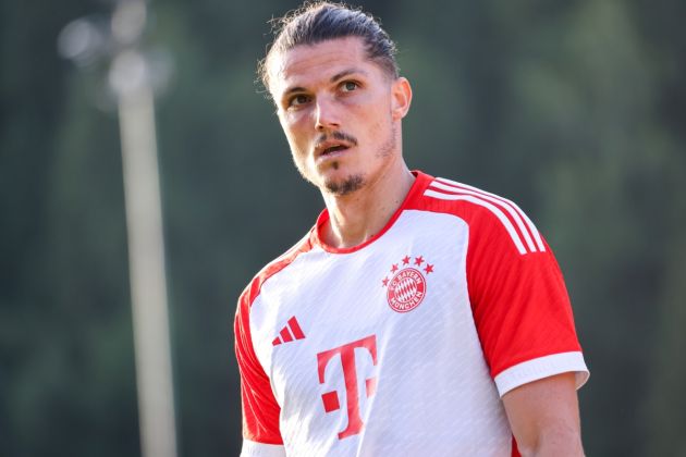 ROTTACH-EGERN, GERMANY - JULY 18: Marcel Sabitzer of FC Bayern Muenchen reacts during the pre-season friendly match between FC Bayern München and FC Rottach-Egern on July 18, 2023 in Rottach-Egern, Germany. (Photo by Jasmin Walter/Getty Images)