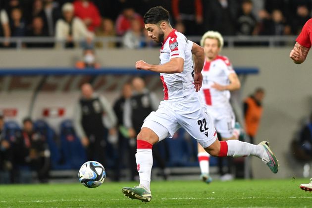 BATUMI, GEORGIA - MARCH 28: Georges Mikautadze of Georgia in action during the UEFA EURO 2024 qualifying round group A match between Georgia and Norway at Batumi Stadium on March 28, 2023 in Batumi, Georgia. (Photo by Levan Verdzeuli/Getty Images)