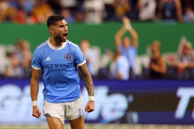 NEW YORK, NY - AUGUST 11: Valentin Castellanos #11 of NYCFC reacts after scoring on his penalty kick during a quarterfinals match against Pumas in the Leagues Cup 2021 at Yankee Stadium on August 11, 2021 in New York City. (Photo by Rich Schultz/Getty Images)