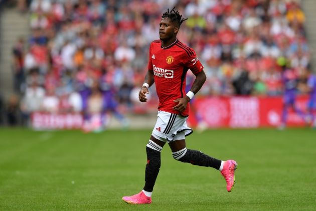 EDINBURGH, SCOTLAND - JULY 19: Fred of Manchester United in action during the pre-season friendly match between Manchester United and Olympique Lyonnais at BT Murrayfield Stadium on July 19, 2023 in Edinburgh, Scotland. (Photo by Mark Runnacles/Getty Images)