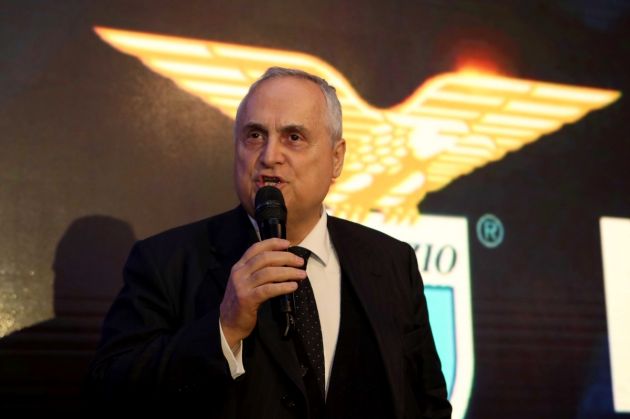ROME, ITALY - JANUARY 09: Claudio Lotito speaks attend as SS Lazio celebrate 123 years at the Rome Cavalieri on January 09, 2023 in Rome, Italy. (Photo by Marco Rosi - SS Lazio/Getty Images)