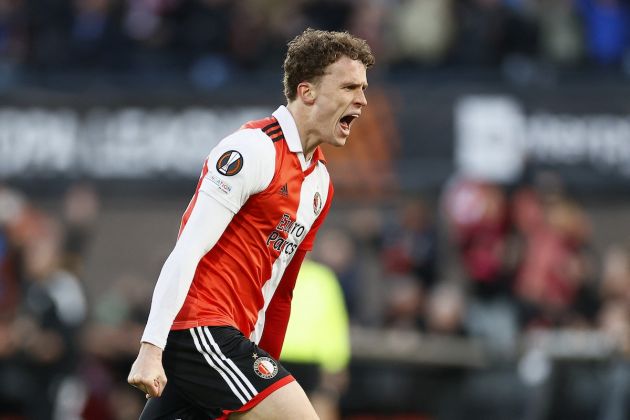 Feyenoord talent Mats Wieffer celebrates the opening goal during the UEFA Europa League first leg quarter-final football match between Feyenoord Rotterdam and AS Roma at Feyenoord Stadion in Rotterdam on April 13, 2023. (Photo by Pieter Stam de Jonge / ANP / AFP) / Netherlands OUT (Photo by PIETER STAM DE JONGE/ANP/AFP via Getty Images)