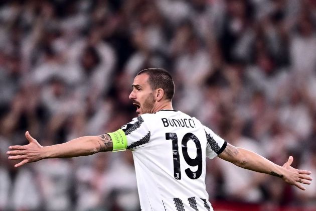 Juventus defender Leonardo Bonucci reacts during the UEFA Europa League round of 16 first leg football match between Juventus and SC Freiburg on March 9, 2023 at the Juventus stadium in Turin. (Photo by Marco BERTORELLO / AFP) (Photo by MARCO BERTORELLO/AFP via Getty Images)