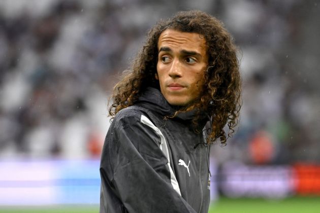 Marseille midfielder #06 Matteo Guendouzi reacts during the warm up prior to the French L1 football match between Olympique Marseille (OM) and Stade Brestois (Brest) at Stade Velodrome in Marseille, southern France, on August 26, 2023. (Photo by Nicolas TUCAT / AFP) (Photo by NICOLAS TUCAT/AFP via Getty Images)