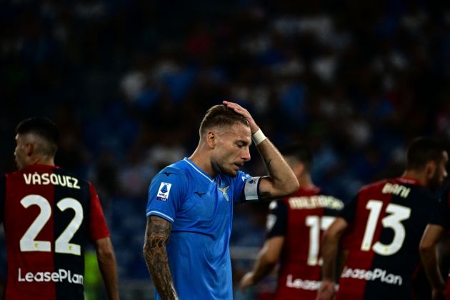 Lazio forward Ciro Immobile reacts during the Italian Serie A football match Lazio vs Genoa on August 27, 2023 at the Olympic stadium in Rome. (Photo by Tiziana FABI / AFP) (Photo by TIZIANA FABI/AFP via Getty Images)