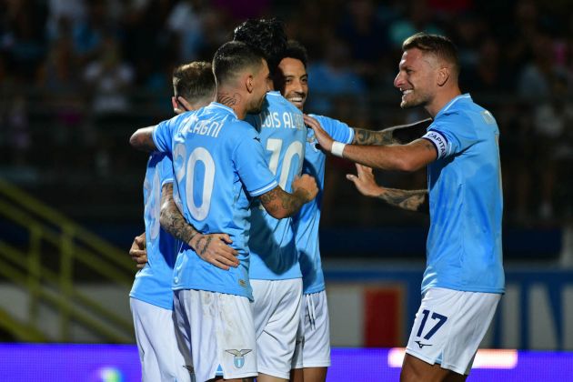 LATINA, ITALY - AUGUST 13: Mattia Zaccagni of SS Lazio celebrates a goal during the friendly match between Latina and S.S. Lazio at Stadio Comunale Domenico Francioni on August 13, 2023 in Latina, Italy. (Photo by Marco Rosi - SS Lazio/Getty Images)