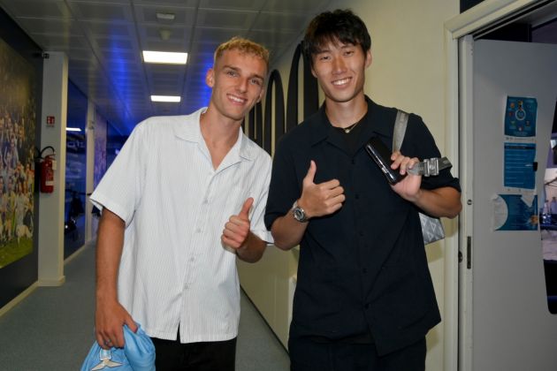 ROME, ITALY - AUGUST 08: Gustav Isaksen and Daichi Kamada poses at the Formello sport centre on August 07, 2023 in Roma, Texas. (Photo by Marco Rosi - SS Lazio/Getty Images)