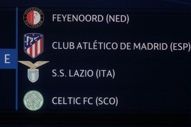 This photograph taken on August 31, 2023 shows a screen displaying the fixtures for the group stage E of the UEFA Champions League football cup with Lazio during the draw for the 2023/2024 UEFA Champions League football tournament at The Grimaldi Forum in the Principality of Monaco. (Photo by NICOLAS TUCAT / AFP) (Photo by NICOLAS TUCAT/AFP via Getty Images)