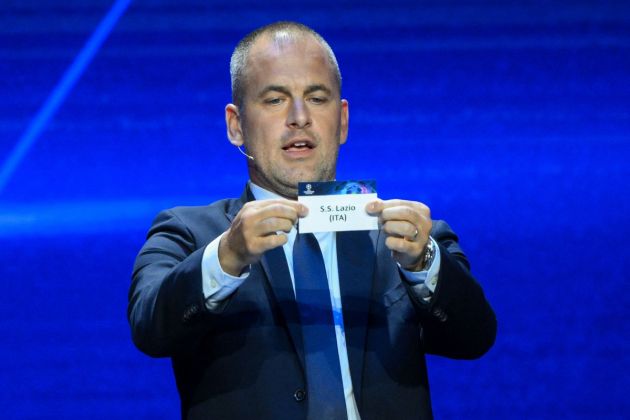 English former football player Joe Cole shows the paper slip of SS Lazio during the draw for the 2023/2024 UEFA Champions League football tournament at The Grimaldi Forum in the Principality of Monaco, on August 31, 2023. (Photo by NICOLAS TUCAT / AFP) (Photo by NICOLAS TUCAT/AFP via Getty Images)