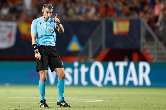 Slovenian referee Slavko Vincic gestures during the UEFA Nations League semi final football match between Spain and Italy at the De Grolsch Veste Stadium in Enschede on June 15, 2023. (Photo by KENZO TRIBOUILLARD / AFP) (Photo by KENZO TRIBOUILLARD/AFP via Getty Images)