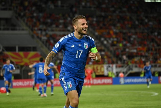 SKOPJE, MACEDONIA - SEPTEMBER 09: Ciro Immobile of Italy celebrates after scoring the opening goal during the UEFA EURO 2024 European qualifier match between North Macedonia and Italy at National Arena Todor Proeski on September 09, 2023 in Skopje, Macedonia. (Photo by Claudio Villa/Getty Images)