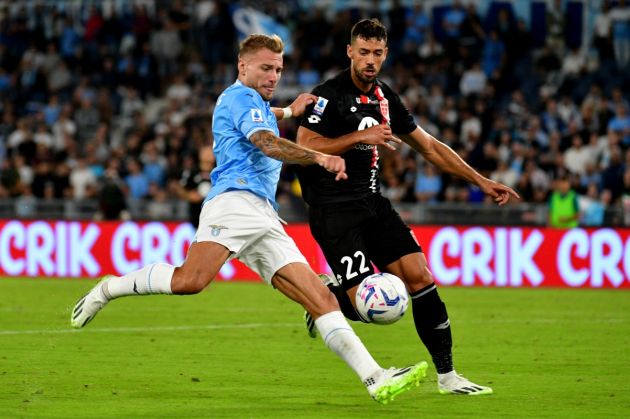 ROME, ITALY - SEPTEMBER 23: Ciro Immobile of SS Lazio compete for the ball with Pablo Mari' of AC Monza during the Serie A TIM match between SS Lazio and AC Monza at Stadio Olimpico on September 23, 2023 in Rome, Italy. (Photo by Marco Rosi - SS Lazio/Getty Images)