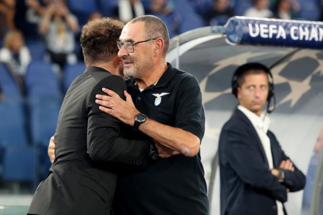 ROME, ITALY - SEPTEMBER 19: Diego Simeone, Manager of Atletico Madrid, and Maurizio Sarri, Manager of Lazio, embrace prior to the UEFA Champions League Group E match between SS Lazio and Atletico Madrid at Stadio Olimpico on September 19, 2023 in Rome, Italy. (Photo by Paolo Bruno/Getty Images)