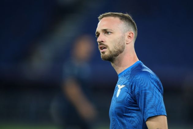 ROME, ITALY - AUGUST 27: Manuel Lazzari of SS Lazio in action during the warm up before the Serie A TIM match between SS Lazio and Genoa CFC at Stadio Olimpico on August 27, 2023 in Rome, Italy. (Photo by Paolo Bruno/Getty Images)