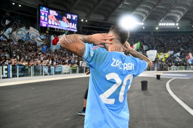 ROME, ITALY - SEPTEMBER 27: Mattia Zaccagni of SS Lazio celebrates a second goal with his team mates during the Serie A TIM match between SS Lazio and Torino FC at Stadio Olimpico on September 27, 2023 in Rome, Italy. (Photo by Marco Rosi - SS Lazio/Getty Images)