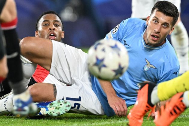 Lazio defender #15 Nicolo Casale looks the ball during the UEFA Champions League Group E football match between Feyenoord and Lazio at The De Kuip Stadium, in Rotterdam on October 25, 2023. (Photo by JOHN THYS / AFP) (Photo by JOHN THYS/AFP via Getty Images)