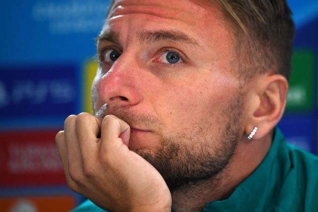 Lazio forward Ciro Immobile attends a press conference at Celtic Park stadium in Glasgow, on October 3, 2023 on the eve of their UEFA Champions League Group E football match against Celtic. (Photo by ANDY BUCHANAN / AFP) (Photo by ANDY BUCHANAN/AFP via Getty Images)