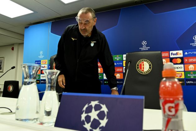 ROTTERDAM, NETHERLANDS - OCTOBER 24: SS Lazio head coach Maurizio Sarri attends durimg the press conference before the UEFA Champions League group E match betwen Feyenoord and SS Lazio at Feyenoord Stadium on October 24, 2023 in Rotterdam, Netherlands. (Photo by Marco Rosi - SS Lazio/Getty Images)