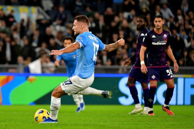 ROME, ITALY - OCTOBER 30: Ciro Immobile of SS Lazio scores a goal a penalty during the Serie A TIM match between SS Lazio and ACF Fiorentina at Stadio Olimpico on October 30, 2023 in Rome, Italy. (Photo by Marco Rosi - SS Lazio/Getty Images)