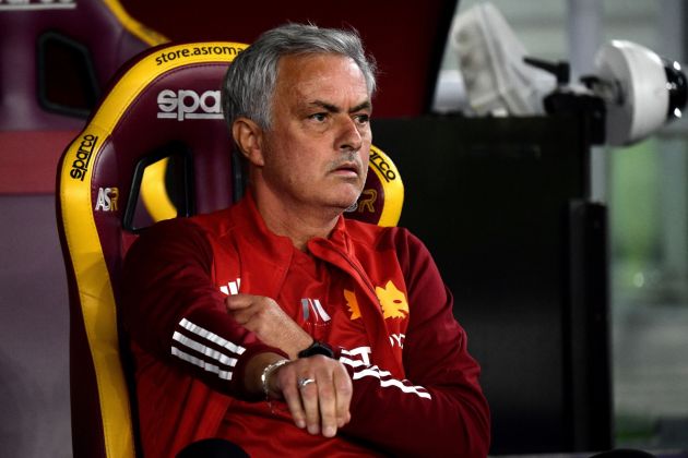 Roma coach Jose Mourinho attends the Italian Serie A football match between AS Roma and Frosinone Calcio at the Olympic Stadium in Rome on October 1, 2023. (Photo by Filippo MONTEFORTE / AFP) (Photo by FILIPPO MONTEFORTE/AFP via Getty Images)