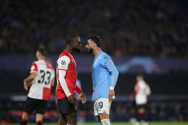 ROTTERDAM, NETHERLANDS - OCTOBER 25: Taty Castellanos of SS Lazio and Lutsharel Geertruida of Feyenoord react during the UEFA Champions League Group E match between Feyenoord and SS Lazio at Feyenoord Stadium on October 25, 2023 in Rotterdam, Netherlands. (Photo by Marco Rosi - SS Lazio/Getty Images)