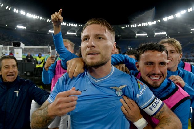 ROME, ITALY - OCTOBER 30: Ciro Immobile of SS Lazio celebrates a opening goal a penalty with his team mates during the Serie A TIM match between SS Lazio and ACF Fiorentina at Stadio Olimpico on October 30, 2023 in Rome, Italy. (Photo by Marco Rosi - SS Lazio/Getty Images)