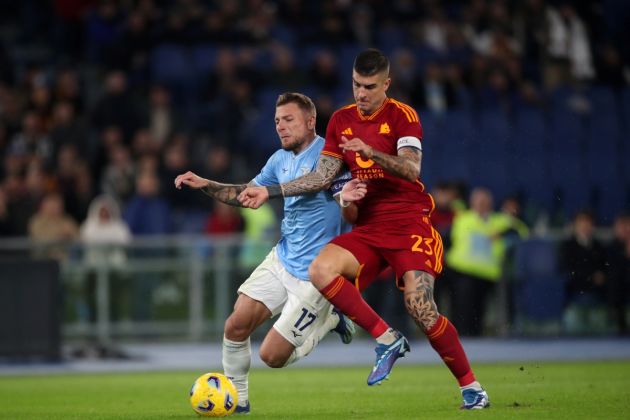 ROME, ITALY - NOVEMBER 12: Ciro Immobile of SS Lazio and Gianluca Mancini of AS Roma battle for possession during the Serie A TIM match between SS Lazio and AS Roma at Stadio Olimpico on November 12, 2023 in Rome, Italy. (Photo by Paolo Bruno/Getty Images)