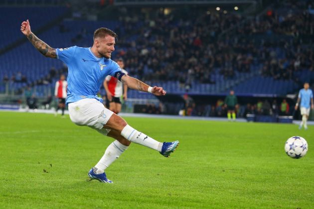 ROME, ITALY - NOVEMBER 07: Ciro Immobile of SS Lazio scores the team's first goal during the UEFA Champions League match between SS Lazio and Feyenoord at Stadio Olimpico on November 07, 2023 in Rome, Italy. (Photo by Paolo Bruno/Getty Images)