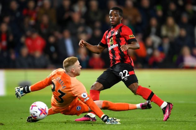 BOURNEMOUTH, ENGLAND - APRIL 04: Hamed Junior Traore of AFC Bournemouth shoots past Jason Steele of Brighton & Hove Albion and misses during the Premier League match between AFC Bournemouth and Brighton & Hove Albion at Vitality Stadium on April 04, 2023 in Bournemouth, England. (Photo by Mike Hewitt/Getty Images)