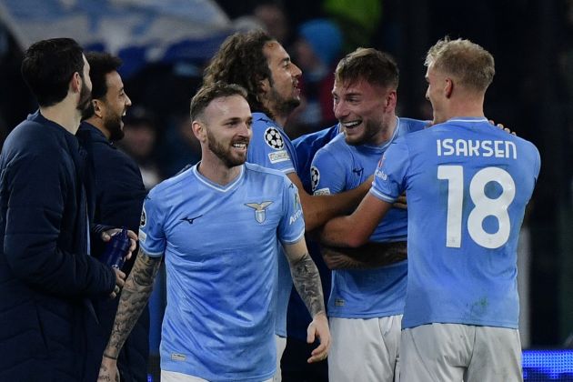 Lazio forward Ciro Immobile (2ndR) celebrates with teammates after scoring the team's second goal during the UEFA Champions League Group E football match between Lazio and Celtic Glasgow at the Olympic stadium in Rome on November 28, 2023. (Photo by Filippo MONTEFORTE / AFP) (Photo by FILIPPO MONTEFORTE/AFP via Getty Images)