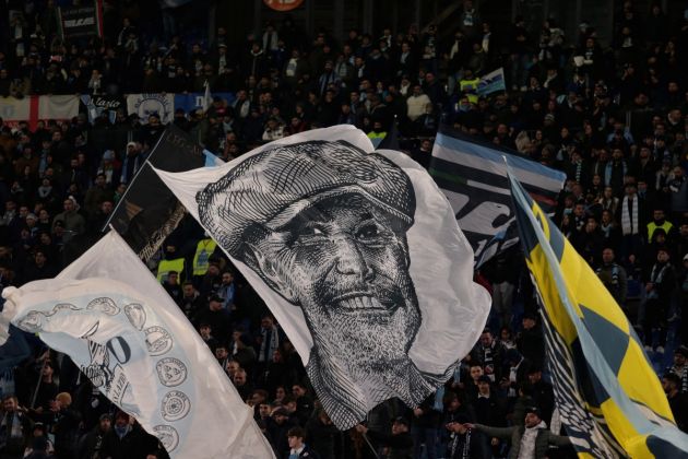 ROME, ITALY - JANUARY 19: Fans display flag in the stands showing the face of Sinisa Mihajlovic during the Coppa Italia match between SS Lazio and Bologna at Olimpico Stadium on January 19, 2023 in Rome, Italy. (Photo by Paolo Bruno/Getty Images)