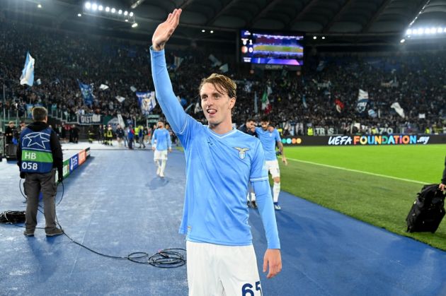 ROME, ITALY - NOVEMBER 07: Nicolo Rovella of SS Lazio celebrates a victory after during the UEFA Champions League match between SS Lazio and Feyenoord at Stadio Olimpico on November 07, 2023 in Rome, Italy. (Photo by Marco Rosi - SS Lazio/Getty Images)