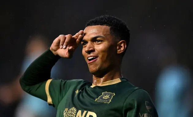 PLYMOUTH, ENGLAND - JANUARY 01: Morgan Whittaker of Plymouth Argyle celebrates after scoring their sides second goal during the Sky Bet Championship match between Plymouth Argyle and Watford at Home Park on January 01, 2024 in Plymouth, England. (Photo by Harry Trump/Getty Images)