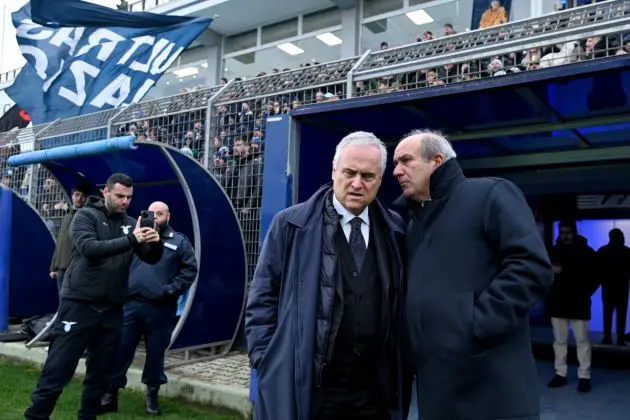 ROME, ITALY - JANUARY 09: SS Lazio President Claudio Lotito and Sportive director SS Lazio Angelo Fabiani during the SS Lazio training session at the Formello sport centre on January 09, 2024 in Rome, Italy. (Photo by Marco Rosi - SS Lazio/Getty Images)