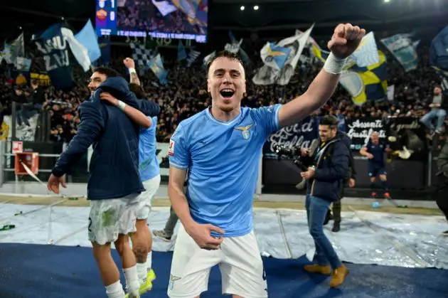 ROME, ITALY - JANUARY 10: Patric of SS Lazio celebrates a victory after the Coppa Italia match between SS Lazio and AS Roma at Stadio Olimpico on January 10, 2024 in Rome, Italy. (Photo by Marco Rosi - SS Lazio/Getty Images)
