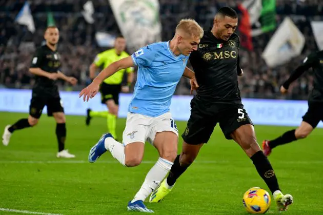 ROME, ITALY - JANUARY 28: Gustav Isaksen of SS Lazio compete for the ball with Juan Jesus of SSC Napoli during the Serie A TIM match between SS Lazio and SSC Napoli - Serie A TIM at Stadio Olimpico on January 28, 2024 in Rome, Italy. (Photo by Marco Rosi - SS Lazio/Getty Images)