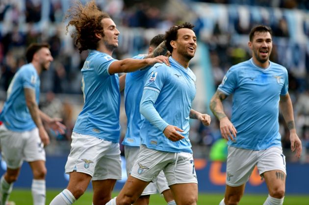 ROME, ITALY - JANUARY 14: Felipe Anderson of SS Lazio celebrates the opening goal with his team mates during the Serie A TIM match between SS Lazio and US Lecce - Serie A TIM at Stadio Olimpico on January 14, 2024 in Rome, Italy. (Photo by Marco Rosi - SS Lazio/Getty Images)