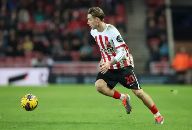 SUNDERLAND, ENGLAND - JANUARY 27: Jack Clarke of Sunderland in action during the Sky Bet Championship match between Sunderland and Stoke City at Stadium of Light on January 27, 2024 in Sunderland, England. (Photo by Nigel Roddis/Getty Images)
