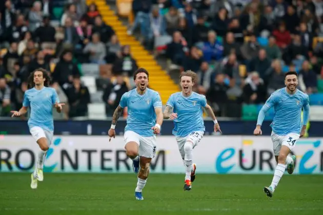 UDINE, ITALY - JANUARY 07: Luca Pellegrini of Lazio celebrates scoring a goal with teammates during the Serie A TIM match between Udinese Calcio and SS Lazio at Bluenergy Stadium on January 07, 2024 in Udine, Italy. (Photo by Timothy Rogers/Getty Images)