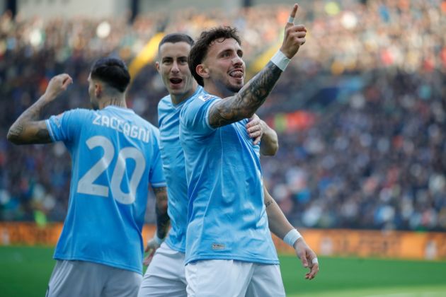 UDINE, ITALY - JANUARY 07: Luca Pellegrini of Lazio celebrates scoring a goal with teammates during the Serie A TIM match between Udinese Calcio and SS Lazio at Bluenergy Stadium on January 07, 2024 in Udine, Italy. (Photo by Timothy Rogers/Getty Images)