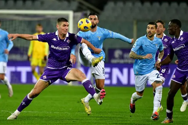 FLORENCE, ITALY - FEBRUARY 26: Valentin Castellanos of SS Lazio compete for the ball with Nikola Milenkovic ACF Fiorentina during the Serie A TIM match between ACF Fiorentina and SS Lazio at Stadio Artemio Franchi on February 26, 2024 in Florence, Italy. (Photo by Marco Rosi - SS Lazio/Getty Images)