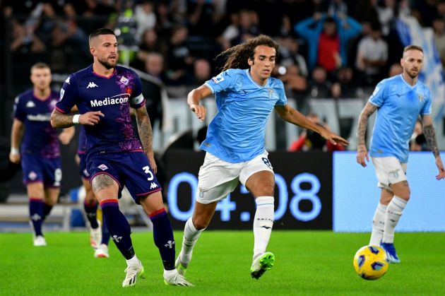 ROME, ITALY - OCTOBER 30:Matteo Guendouzi of SS Lazio compete for the ball with Cristiano Biraghi of ACF Fiorenitina during the Serie A TIM match between SS Lazio and ACF Fiorentina at Stadio Olimpico on October 30, 2023 in Rome, Italy. (Photo by Marco Rosi - SS Lazio/Getty Images)