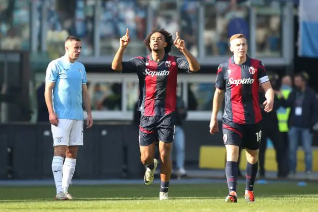 ROME, ITALY - FEBRUARY 18: Joshua Zirkzee of Bologna FC celebrates scoring his team's second goal during the Serie A TIM match between SS Lazio and Bologna FC at Stadio Olimpico on February 18, 2024 in Rome, Italy. (Photo by Paolo Bruno/Getty Images)