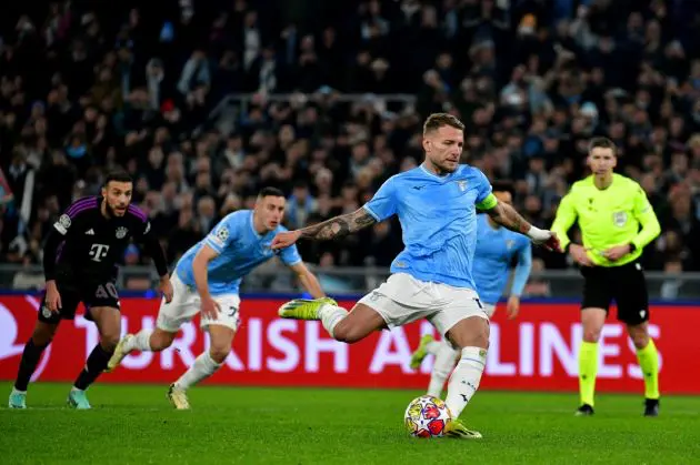 ROME, ITALY - FEBRUARY 14: Ciro Immobile of SS Lazio scores a opening goal a penalty during the UEFA Champions League 2023/24 round of 16 first leg match between SS Lazio and FC Bayern München at Stadio Olimpico on February 14, 2024 in Rome, Italy. (Photo by Marco Rosi - SS Lazio/Getty Images)