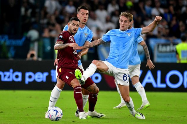 ROME, ITALY - SEPTEMBER 27: Nicolo Rovella of SS Lazio compete for the ball with Antonio Sanabria of Torino FC during the Serie A TIM match between SS Lazio and Torino FC at Stadio Olimpico on September 27, 2023 in Rome, Italy. (Photo by Marco Rosi - SS Lazio/Getty Images)