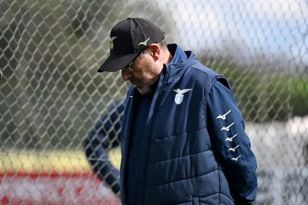 Lazio head coach Maurizio Sarri looks down during a training session on the eve of the UEFA Champions League football match between Bayern Munich and Lazio, on March 4, 2024 at Lazio's training center in Formello near Rome. (Photo by TIZIANA FABI / AFP)