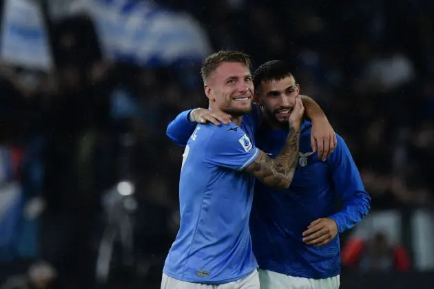 Lazio forward #17 Ciro Immobile (L) celebrates with Lazio forward #19 Valentin Castellanos after scoring a penalty during the Italian Serie A football match between Lazio and Fiorentina at the Olympic stadium in Rome, on October 30, 2023. (Photo by Filippo MONTEFORTE / AFP) (Photo by FILIPPO MONTEFORTE/AFP via Getty Images)